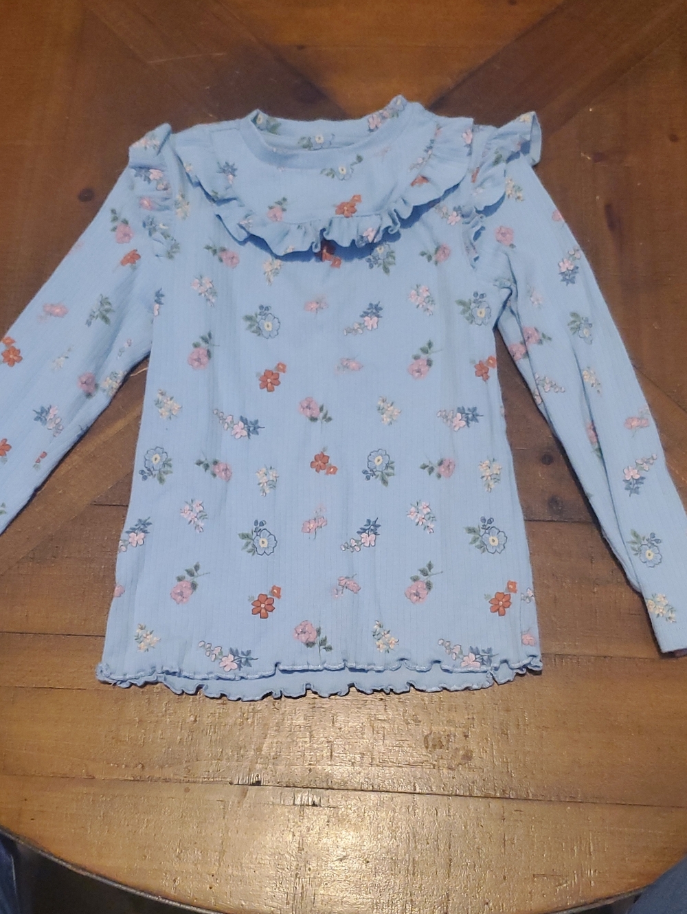 Girls' Light Blue Floral Ruffle-Trim Long Sleeve Top